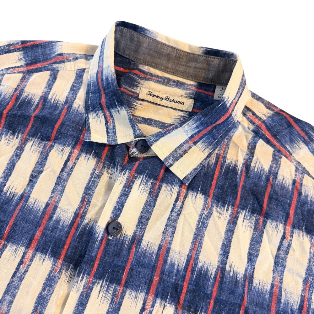 Tommy Bahama Mens L Blue Ikat Stripe Cotton Silk Shirt Short Sleeve Button Down